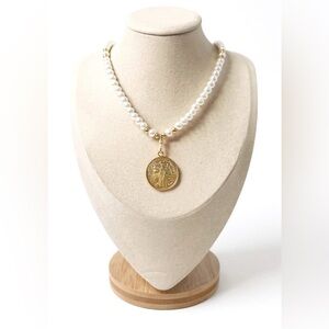 NWT Pearl Czech Glass & Vintage French Coin Pendant Necklace